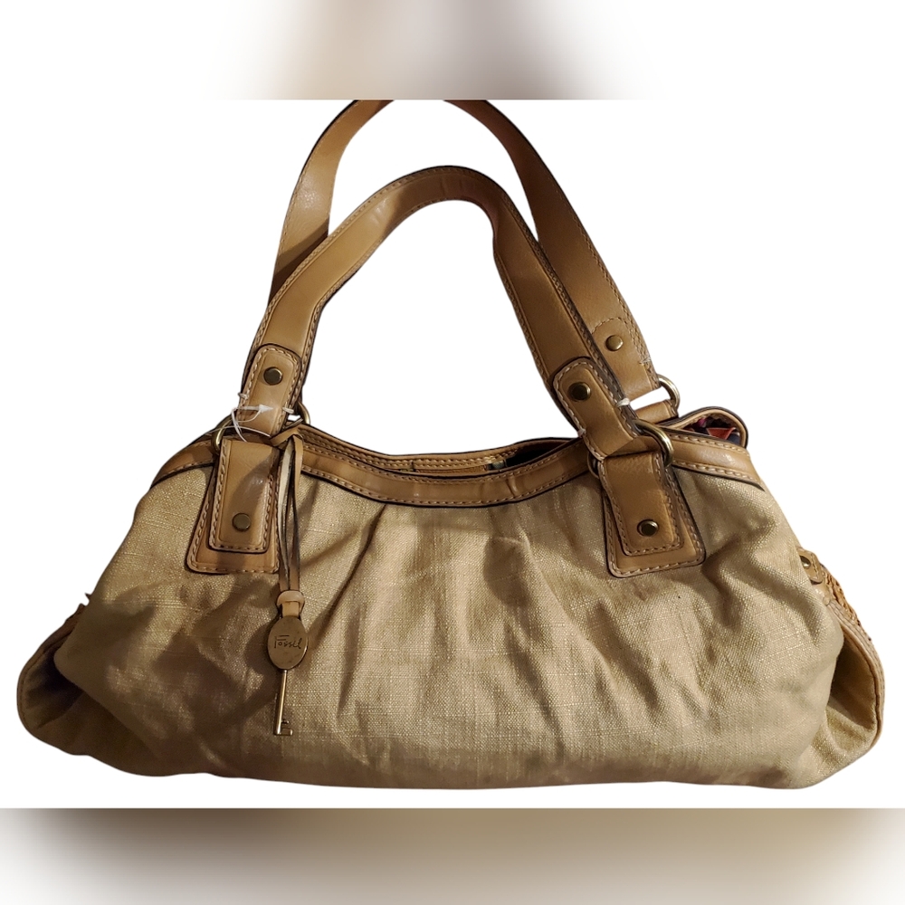 Fossil Tan Burlap Leather Handbag Purse